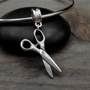 Scissors European Charm, Pair of Scissors Dangle Charm, Silver Scissors Charm with Bail, Large Hole Bead, Scissors Jewelry, Scissors Gift