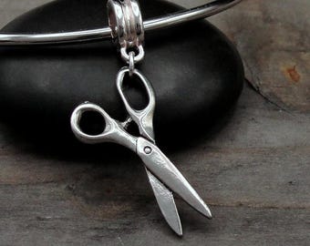 Scissors European Charm, Pair of Scissors Dangle Charm, Silver Scissors Charm with Bail, Large Hole Bead, Scissors Jewelry, Scissors Gift