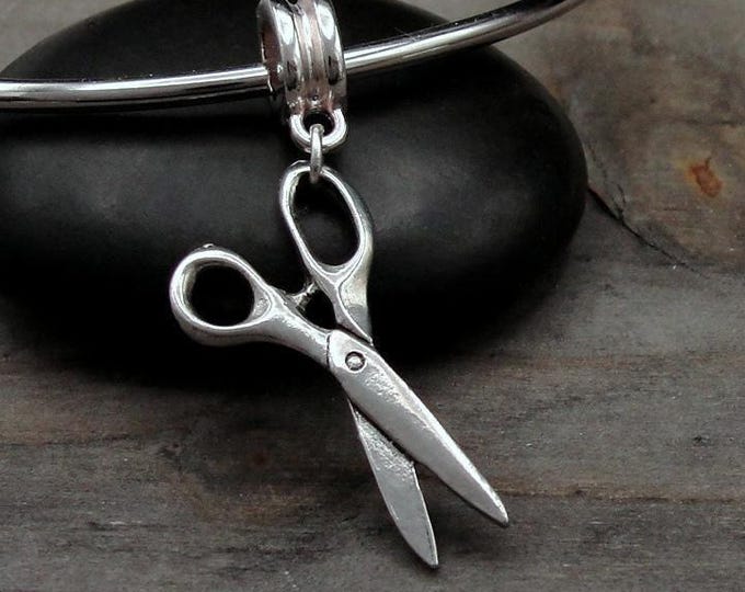Scissors European Charm, Pair of Scissors Dangle Charm, Silver Scissors Charm with Bail, Large Hole Bead, Scissors Jewelry, Scissors Gift