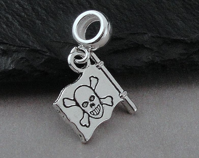 Jolly Roger European Charm, Silver Pirate Flag Dangle Charm, Pirate Charm with Bail, Skull and Bones Charm, Jolly Roger Large Hole Bead