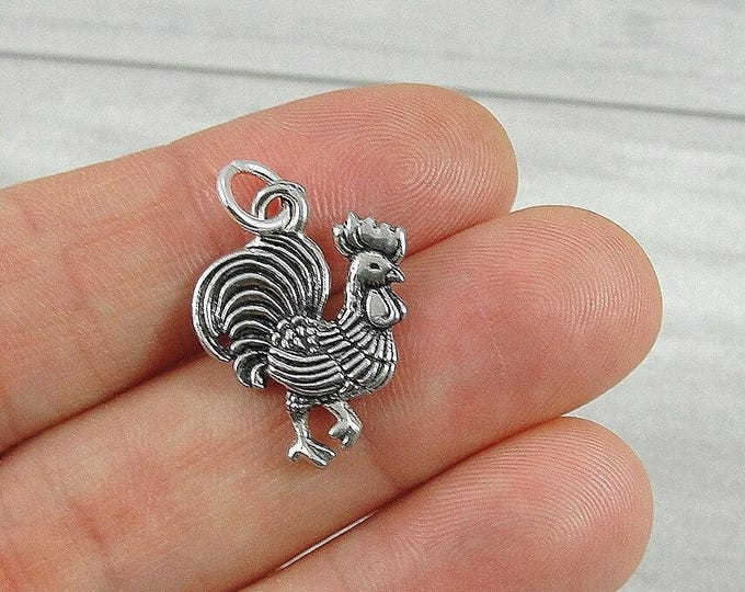 Rooster Charm, Silver Rooster Necklace Charm, Hen Charm, Farm Animal Charm, Rooster Pendant, Rooster GIft, Rooster Jewelry