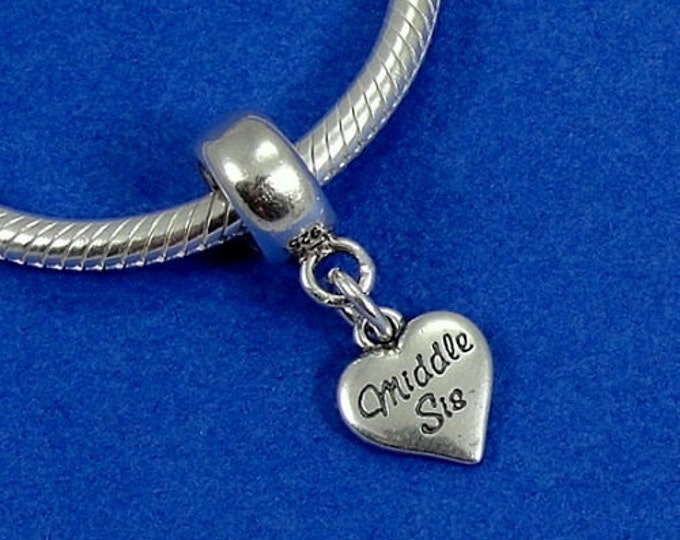 CLOSEOUT - Middle Sister Heart European Dangle Bead Charm - Sterling Silver Middle Sis Charm for European Bracelet