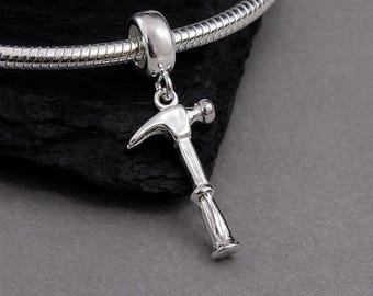 3D Hammer European Charm, Sterling Silver Hammer Dangle Charm, Claw Hammer Pendant with Bail, Snake Bracelet Charm, Large Hole Bead