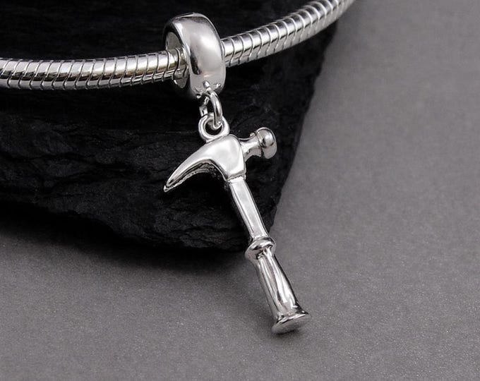 3D Hammer European Charm, Sterling Silver Hammer Dangle Charm, Claw Hammer Pendant with Bail, Snake Bracelet Charm, Large Hole Bead