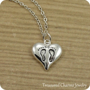 Heart with Baby Footprints Necklace, Silver Baby Feet Charm on a Silver Cable Chain