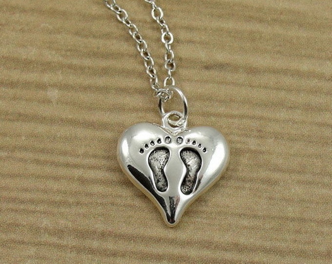 Heart with Baby Footprints Necklace, Silver Baby Feet Charm on a Silver Cable Chain