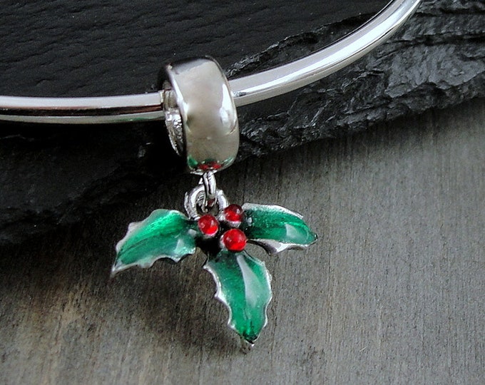 Holly Berries European Charm, Holly Berry Dangle Charm, Christmas Charm with Bail, Mistletoe Charm, Green and Red Holly Berries Charm