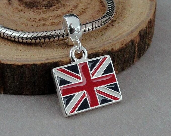 British Flag European Charm, Silver Union Jack Dangle Charm, Union Flag Charm with Bail, Union Flag Large Hole Bead, United Kingdom Charm