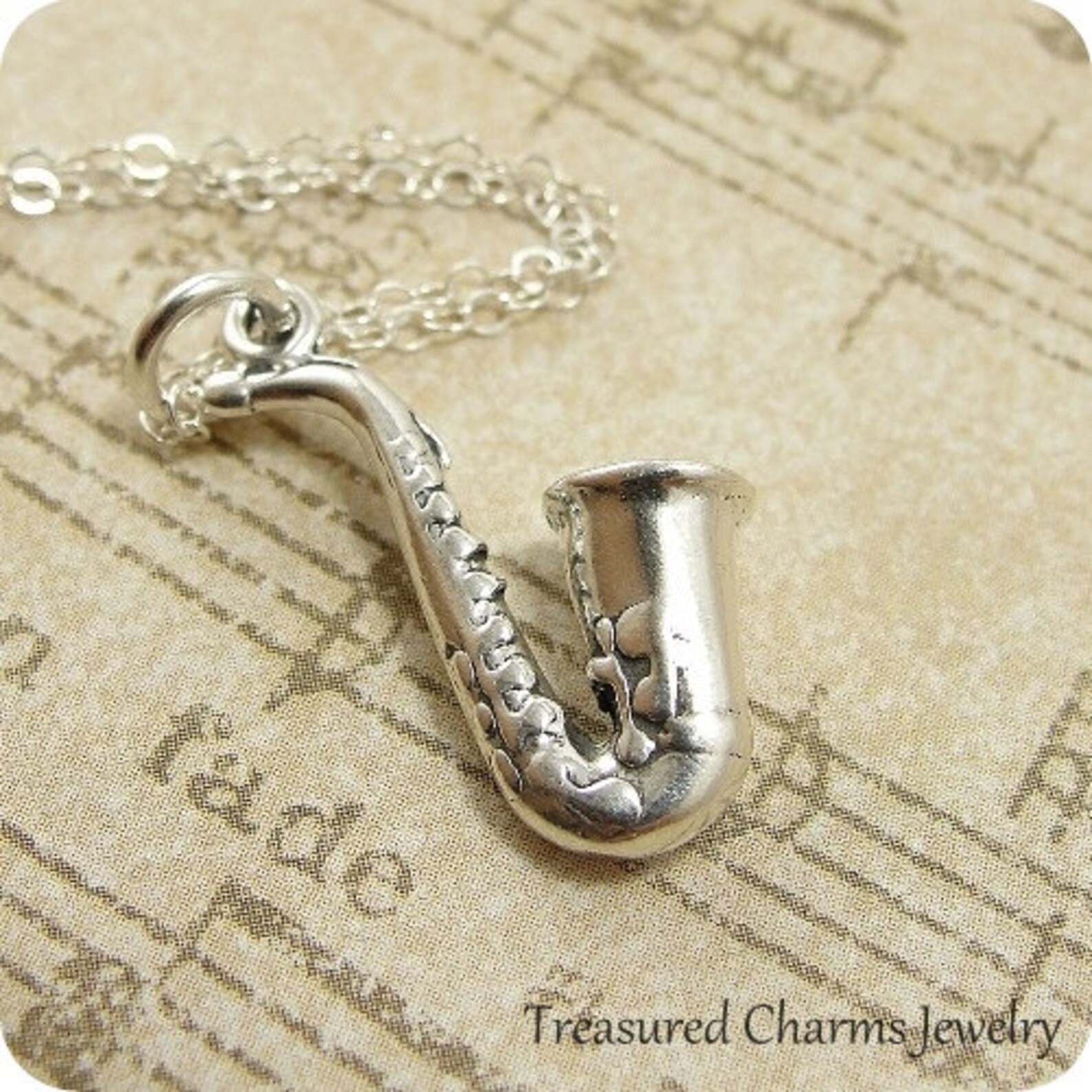 Saxophone Necklace Sterling Silver Saxophone Necklace on a Etsy