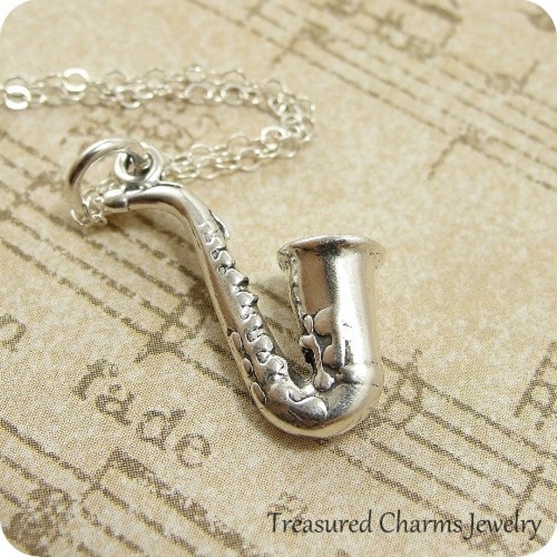 Saxophone Necklace Sterling Silver Saxophone Necklace on a Etsy