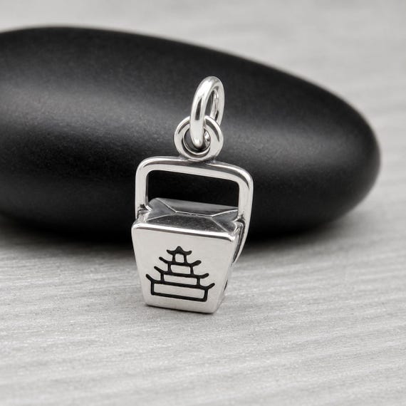 Sterling Silver Chinese Takeout Box Charm, 3D Take Out Food Container Pendant, Miniature Food Charm, Asian Food Jewelry
