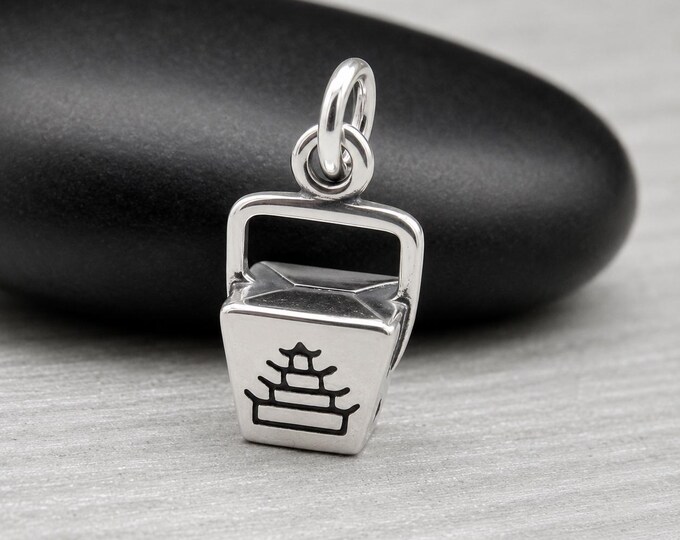 Sterling Silver Chinese Takeout Box Charm, 3D Take Out Food Container Pendant, Miniature Food Charm, Asian Food Jewelry