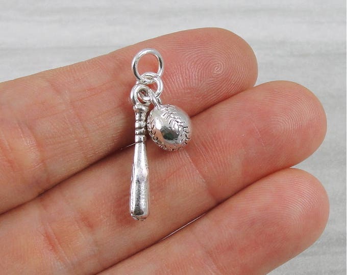 Baseball and Bat Charm - Silver Plated Baseball Softball Charm for Necklace or Bracelet