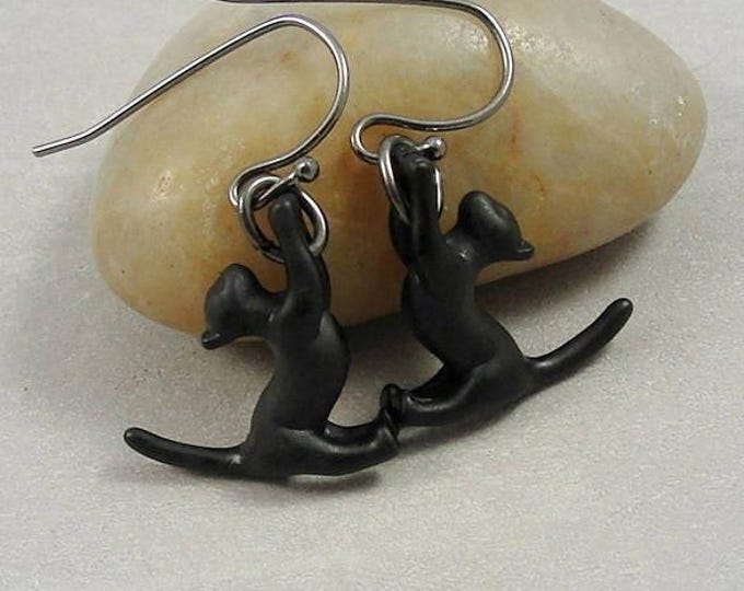 Black Cat Earrings, Gunmetal Black Kitty Cat Dangle Drop Earrings on French Earwires