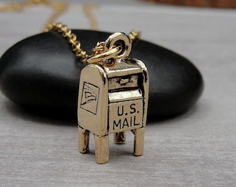 Mailbox Necklace, Gold 3D Mailbox Charm Necklace, Postal Mail Jewelry, Post Office Charm, Mailman Gift, Mail Lady Gift, Mail Carrrier Gift