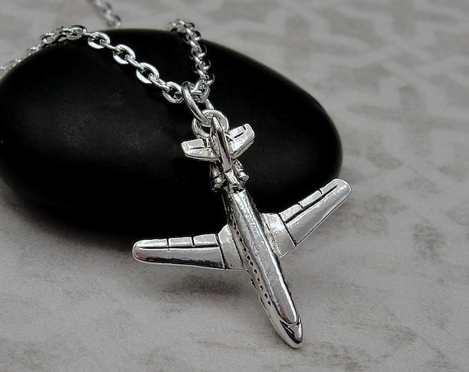 Silver Airplane Necklace, Jet Plane Necklace, 3D Airplane Charm, 3D Jet Charm, Pilot Charm, Flight Attendant Gift , Boeing 747 Charm