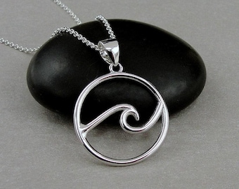 925 Sterling Silver Ocean Waves Necklace, Surfer Beach Charm Necklace, Wave Charm Necklace, Beach Gift, Surfer Gift, Silver Beach Necklace