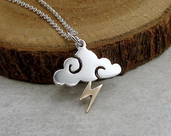 925 Sterling Silver Storm Cloud Necklace, Thunderstorm Lightning Charm Necklace, Rain Cloud Charm Necklace, Stormy Weather Charm Jewelry