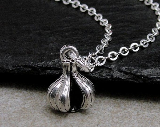 Tiny Garlic Bulb Necklace, Silver Plated 3D Garlic Charm Necklace, Garlic Clove Necklace, Ward off Vampires Charm, Garlic Gift Jewelry