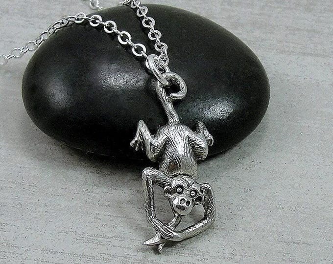 Monkey Necklace, Silver Plated Monkey Charm Necklace, Monkey with Banana Necklace, Zoo Animal Charm Necklace, Monkey Gift, Monkey Jewelry