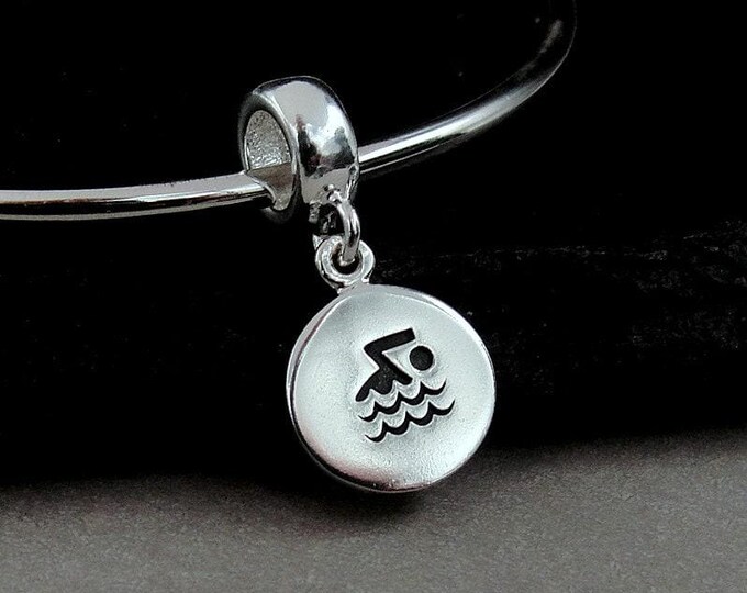 Swimming European Charm, 925 Sterling Silver Swimmer Dangle Charm, Swimmer Disc Charm with Bail, Swimming Symbol Charm, Snake Bracelet Charm