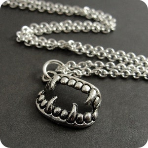 Vampire Fangs Necklace, Silver Vampire Teeth Charm on a Silver Cable Chain