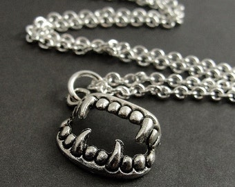 Vampire Fangs Necklace, Silver Vampire Teeth Charm on a Silver Cable Chain