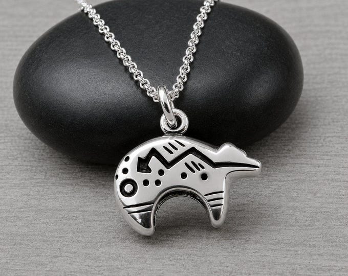 Sterling Silver Heartline Bear Necklace, 3D Double-Sided Zuni Bear Charm, Southwestern Bear Pendant, Native American Style Gift