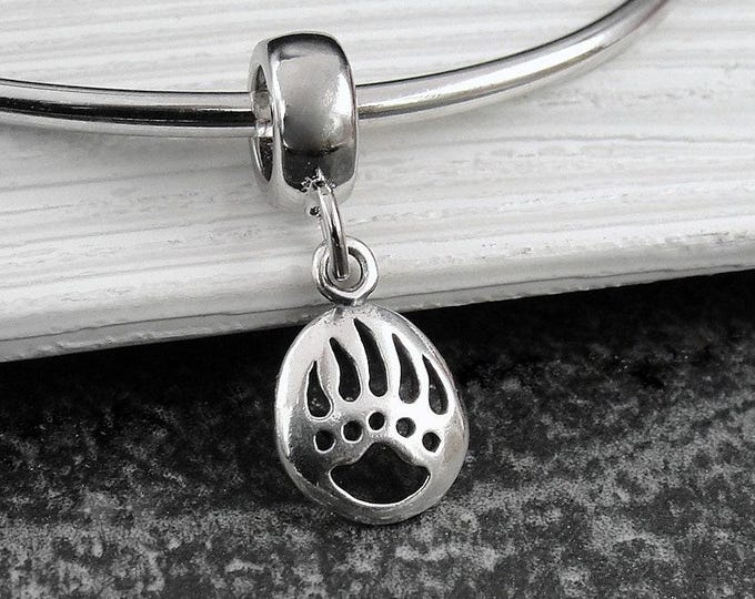 Bear Paw European Charm, Sterling Silver Bear Claw Dangle Charm, Bear Paw Charm with Bail, Snake Bracelet Charm, Large Hole Bead