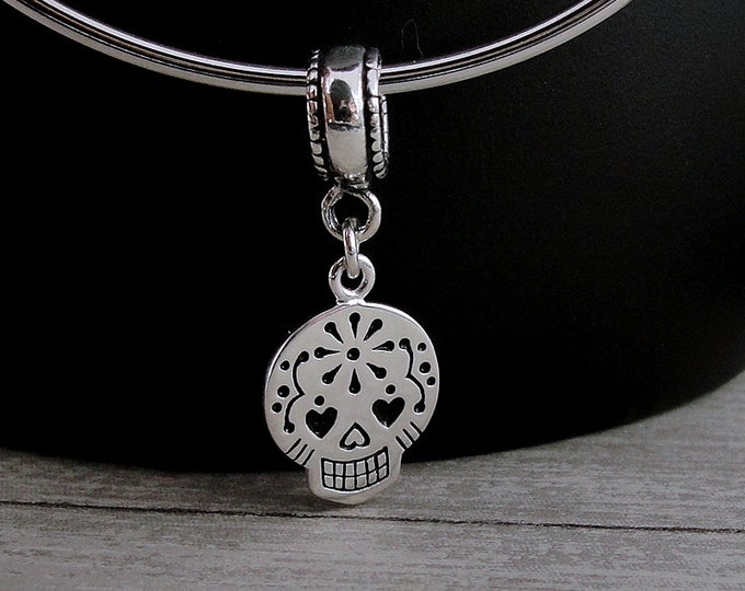 CLOSEOUT - Sugar Skull European Dangle Bead Charm - Silver Candy Skull Charm for European Bracelet