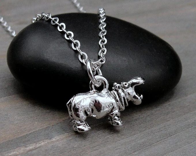 Hippopotamus Necklace, Silver Plated Hippopotamus Charm Necklace, Hippo Necklace, 3D Hippo Charm, Hippopotamus Gift, African Hippo Jewelry