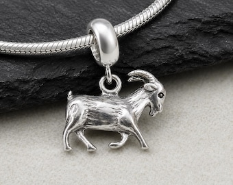 Goat Dangle Bead Charm, Sterling Silver Goat European Charm, 3D Goat Charm with Bail, Snake Bracelet Charm, Large Hole Bead, Goat Gift