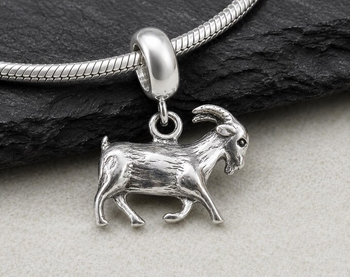 Goat Dangle Bead Charm, Sterling Silver Goat European Charm, 3D Goat Charm with Bail, Snake Bracelet Charm, Large Hole Bead, Goat Gift