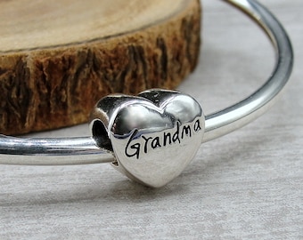 CLOSEOUT - 925 Sterling Silver Grandma European Charm, Grandmother European Bead, Bracelet Charm, Large Hole Bead, Mother's Day Gift