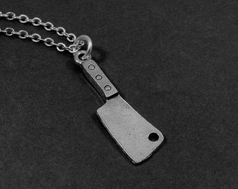 Butcher Knife Necklace, Silver Meat Cleaver Charm on a Silver Cable Chain