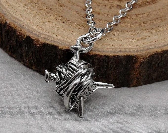Yarn Ball Charm, Silver Yarn and Knitting Needles Charm for Necklace or Bracelet, Yarn Charm, Ball of Yarn Necklace, Knitting Charm Necklace
