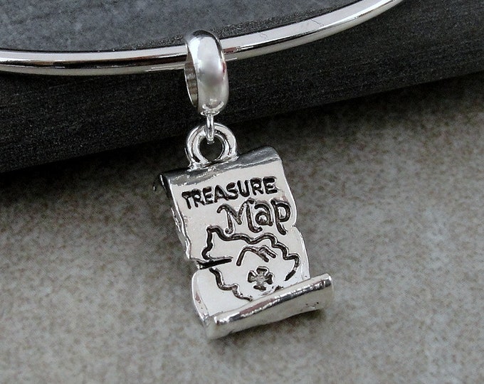 Treasure Map European Charm, Silver Treasure Map Dangle Charm, Buried Treasure Charm with Bail, Treasure Hunter Charm, Snake Bracelet Charm