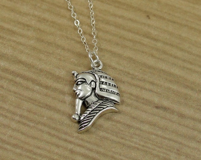 Egyptian Pharaoh Necklace, Sterling Silver King Tut Charm on a Silver Cable Chain