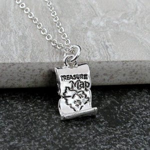 Treasure Map Necklace, Silver Plated Treasure Map Charm Necklace, Pirate Necklace, Pirate's Treasure Charm, Treasure Hunter Gift Jewelry