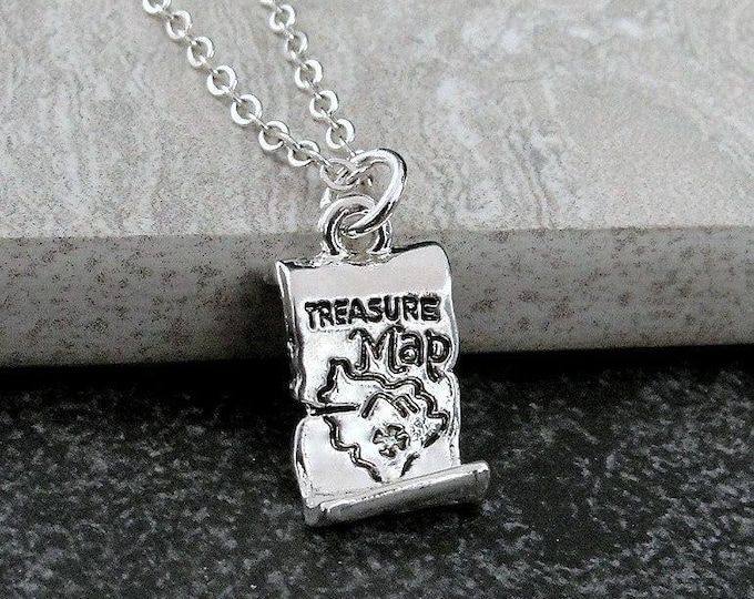 Treasure Map Necklace, Silver Plated Treasure Map Charm Necklace, Pirate Necklace, Pirate's Treasure Charm, Treasure Hunter Gift Jewelry