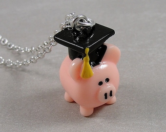 Pink Pig Graduate Necklace, Pink Pig Graduation Charm, Pig Graduation Pendant, Pig with Graduation Cap Charm, Pig Graduation Gift Jewelry
