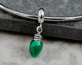 Tiny Green Christmas Light Bulb Dangle Charm, 925 Sterling Silver and Green Christmas Lights European Charm, Christmas Charms, Holiday Charm