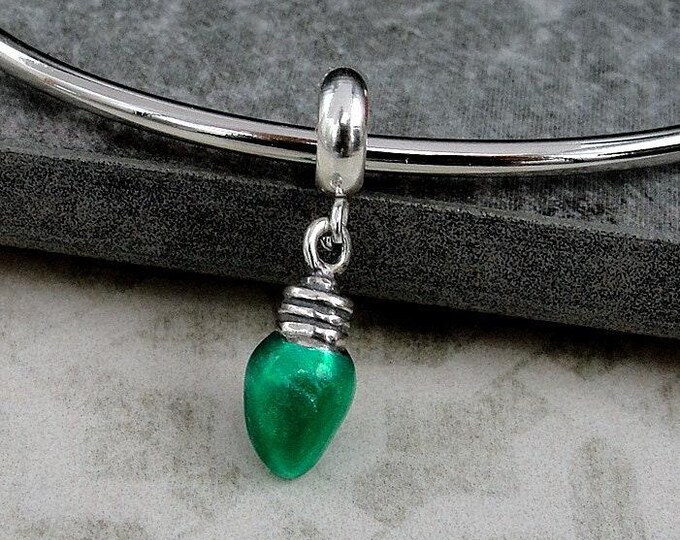 Tiny Green Christmas Light Bulb Dangle Charm, 925 Sterling Silver and Green Christmas Lights European Charm, Christmas Charms, Holiday Charm