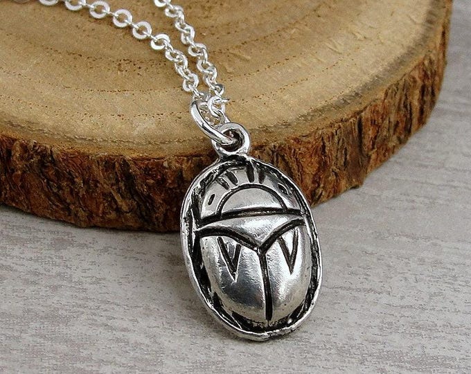 Scarab Necklace, Silver Plated Scarab Beetle Charm Necklace, Egyptian Charm, Egyptian Necklace, Egyptian Gift, Scarab Beetle Jewelry