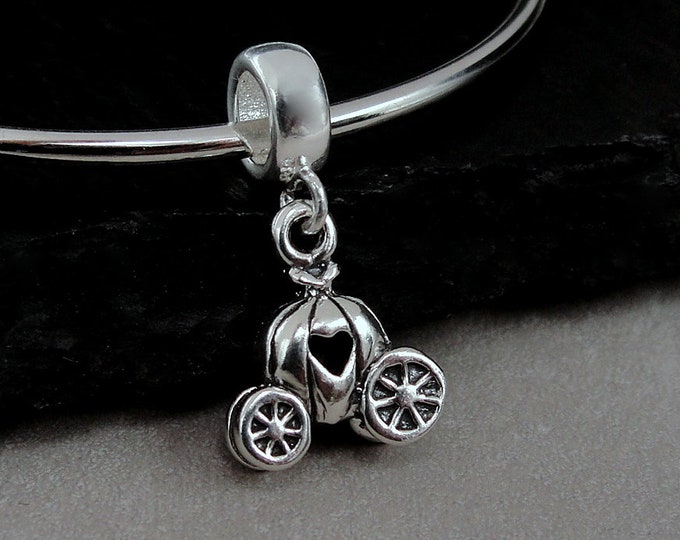 Pumpkin Carriage European Charm, Sterling Silver Pumpkin Coach Dangle Charm, 3D Pumpkin Carriage Charm with Bail, Large Hole Bead
