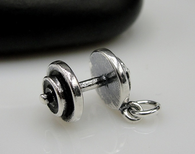 Barbell Charm, 925 Sterling Silver 3D Barbell Necklace Charm, Dumbbell Charm, Weight Lifting Charm, Weight Training Charm, Crossfit Charm