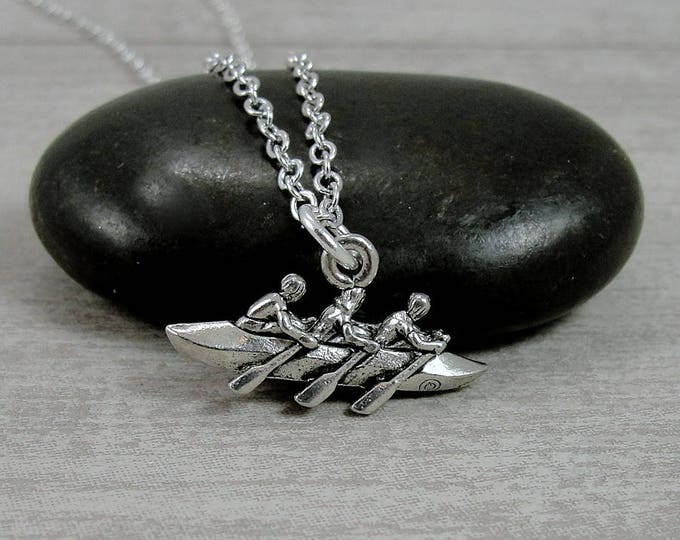 Rowing Necklace, Silver Rowing Canoe Charm on a Silver Cable Chain