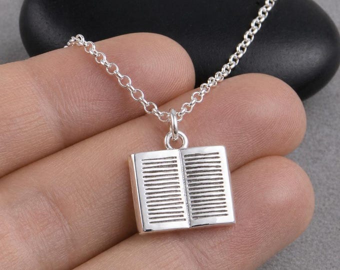 Open Book Necklace, Silver Plated 3D Book Charm Necklace, Author Necklace, Writer Necklace, Book Lover Necklace, Librarian Necklace