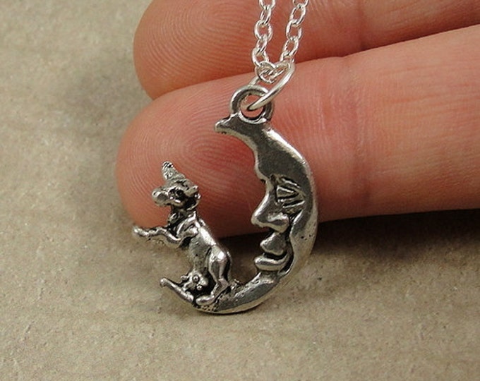 The Cow Jumped Over The Moon Necklace , Silver Cow Jumped Over the Moon Charm on a Silver Cable Chain