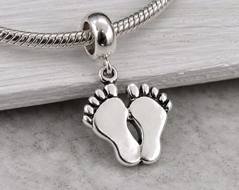 Feet European Charm, Sterling Silver Footprints Dangle Charm, Baby Feet Charm, Snake Bracelet Charm, Large Hole Bead, Baby Shower Gift